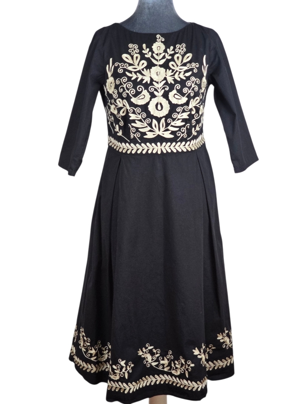 Wayward Fancies by eShakti Black Embroidered Floral Midi Fit & Flare Dress Sz.4